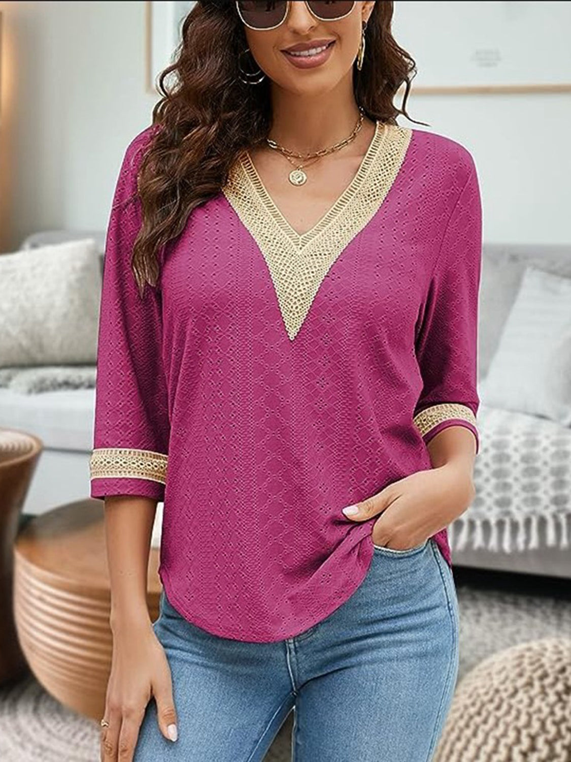 V-Neck Eyelet Blouse - Classique Collection