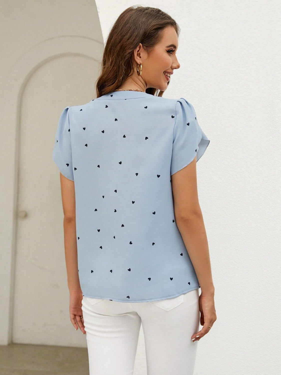 Heart Print Notched Petal Sleeve Blouse - ClassiQ
