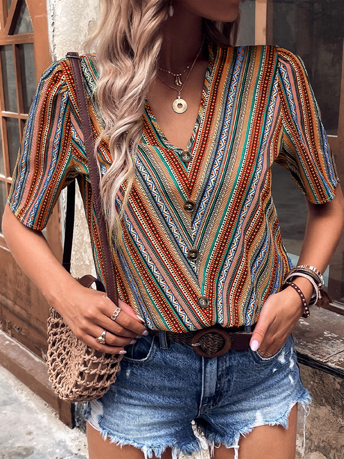 Shiny Printed V-Neck Button-Up Short Sleeve Top - Classique Collection