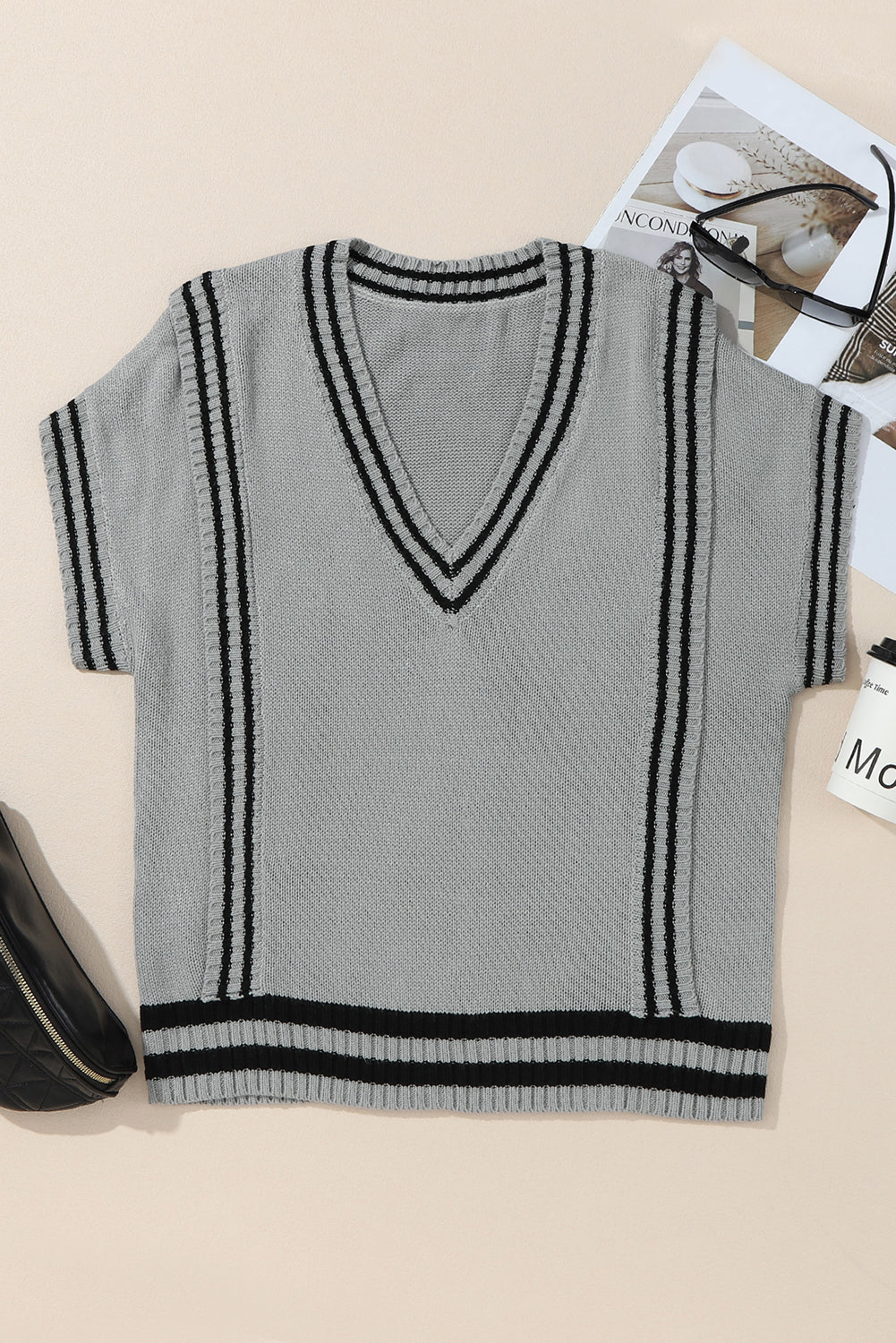 Striped Trim V-Neck Sweater Vest - ClassiQ