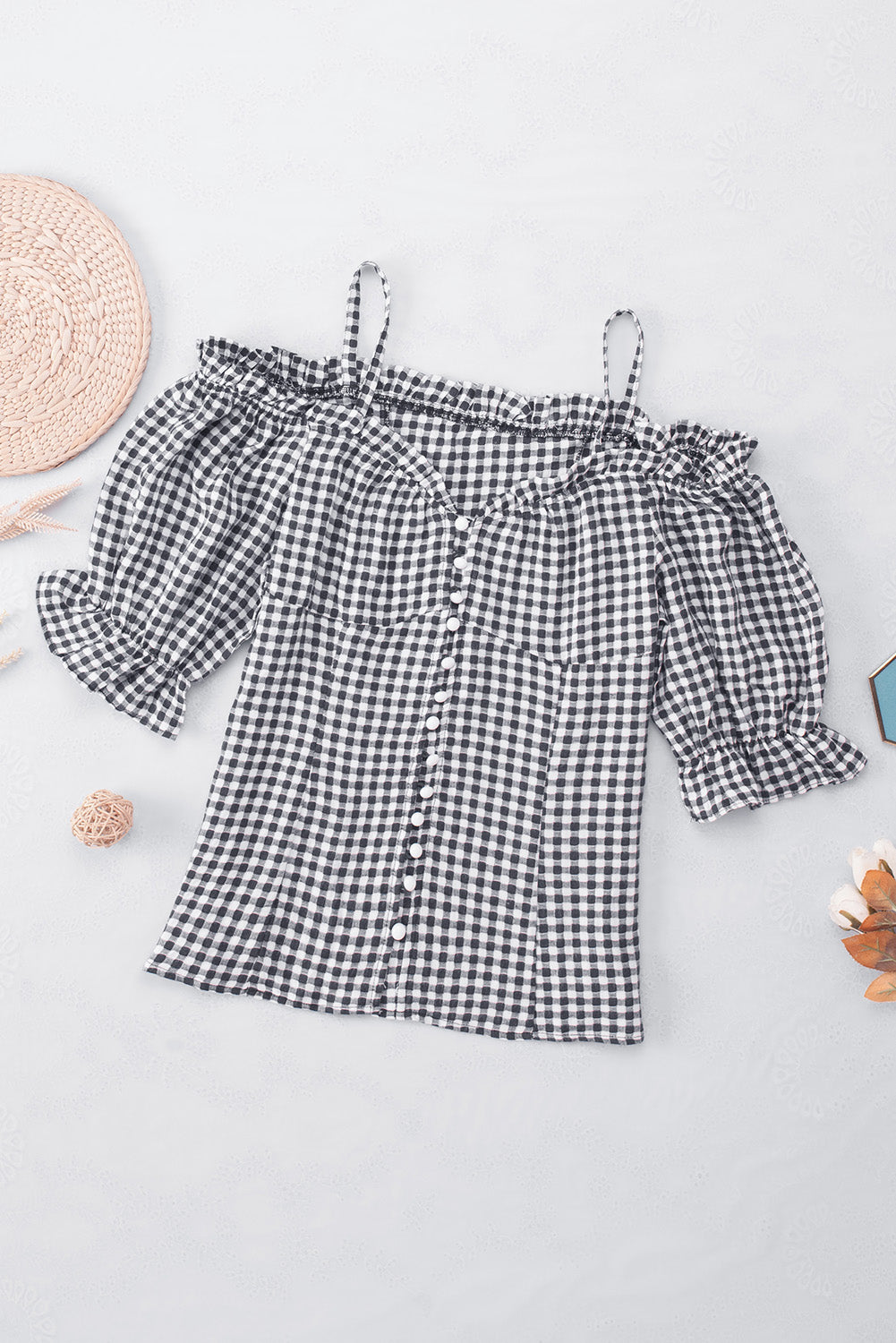 Plaid Buttoned Sweetheart Neck Cold-Shoulder Top - Classique Collection