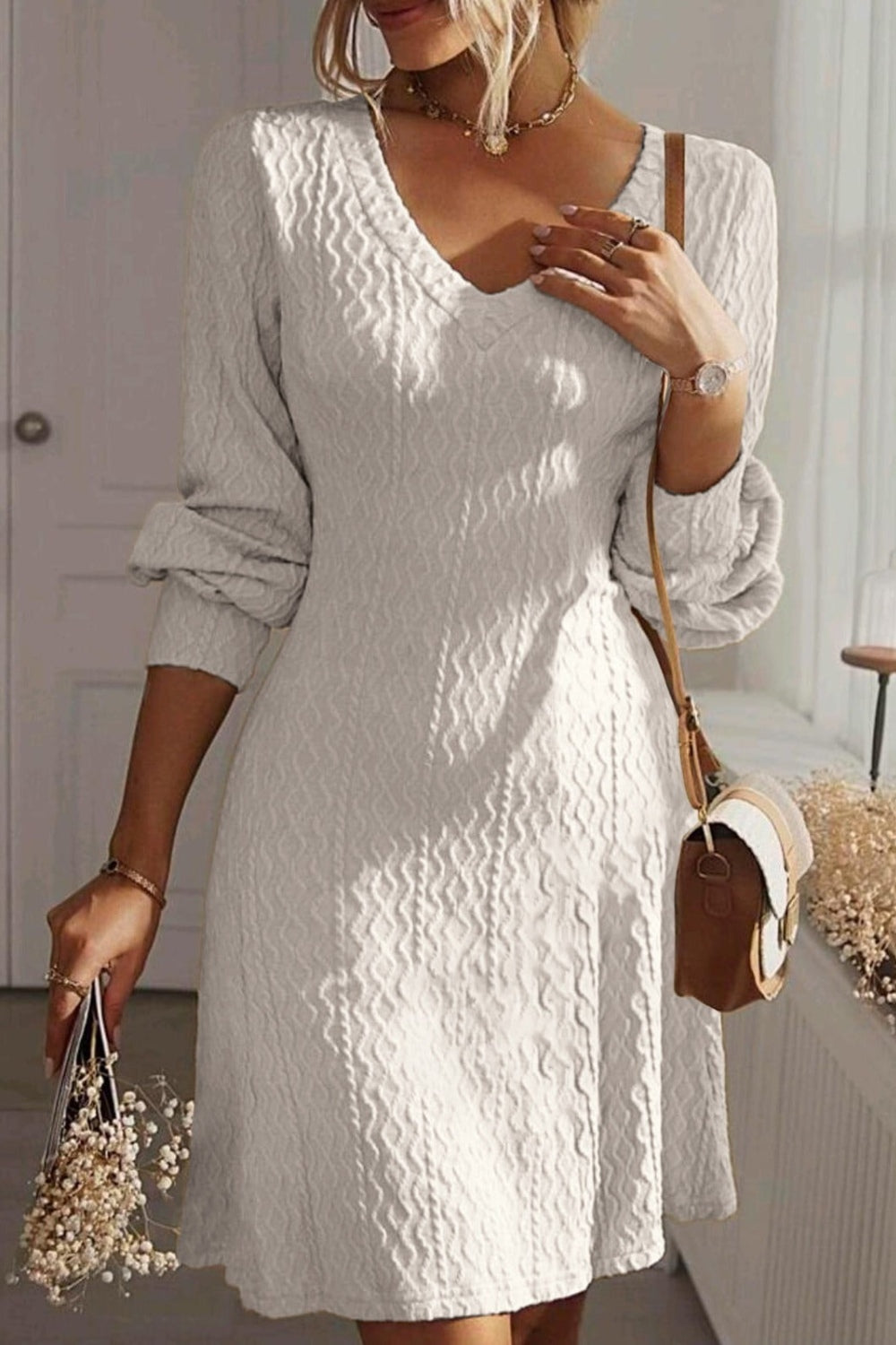 Texture V-Neck Long Sleeve Dress - Classique Collection