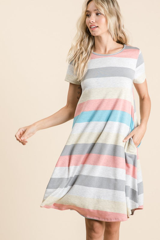 BOMBOM Striped Short Sleeve Dress with Pockets - Classique Collection