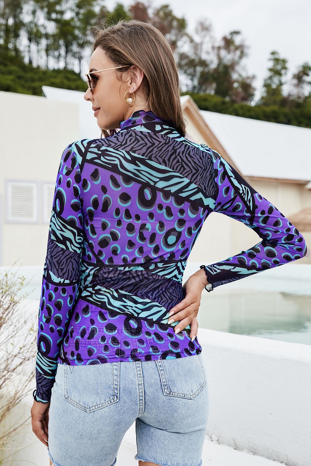 Printed Mock Neck Long Sleeve Blouse - Classique Collection