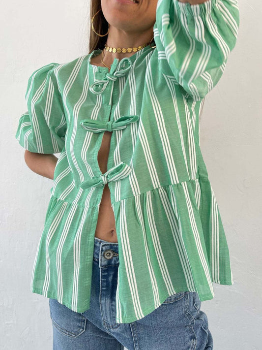 Tied Round Neck Balloon Sleeve Shirt - Classique Collection