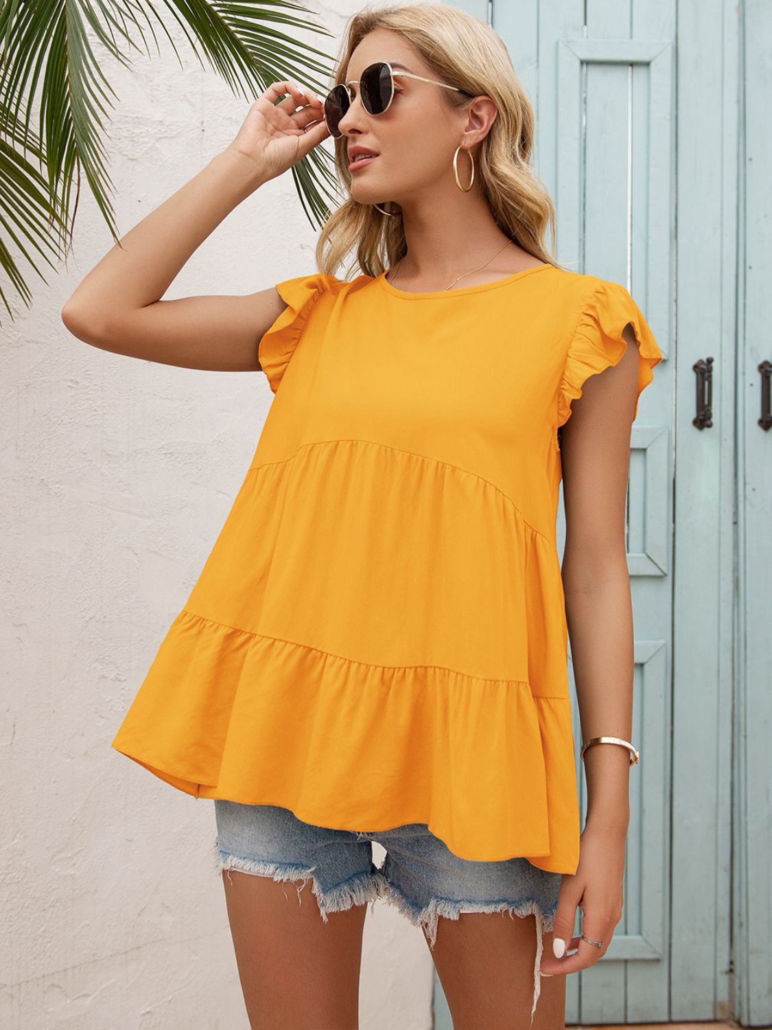 Ivy Lane Round Neck Flutter Sleeve Tiered Blouse - ClassiQ