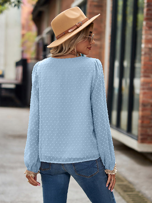 Swiss Dot V-Neck Long Sleeve Blouse - ClassiQ