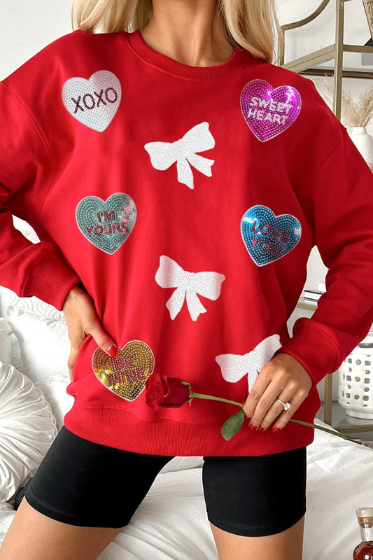 Valentine’s Day Sequin Bow Heart Round Neck Sweatshirt - Classique Collection