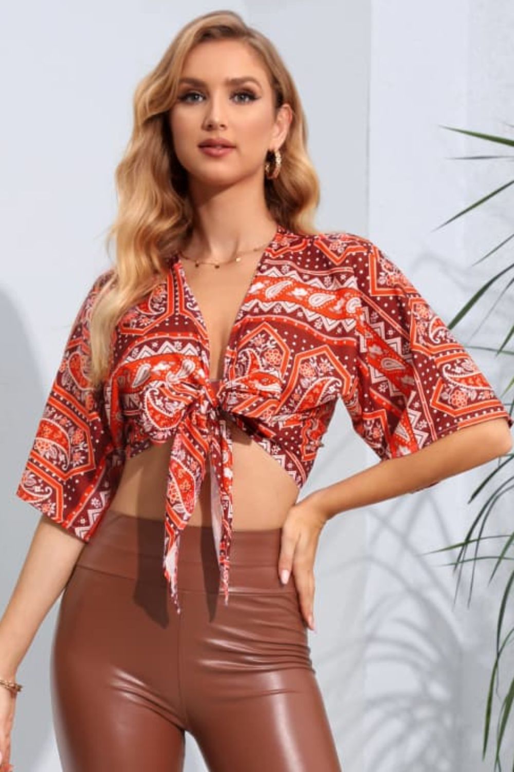 Printed Tie Front Cropped Dolman Sleeve Blouse - Classique Collection