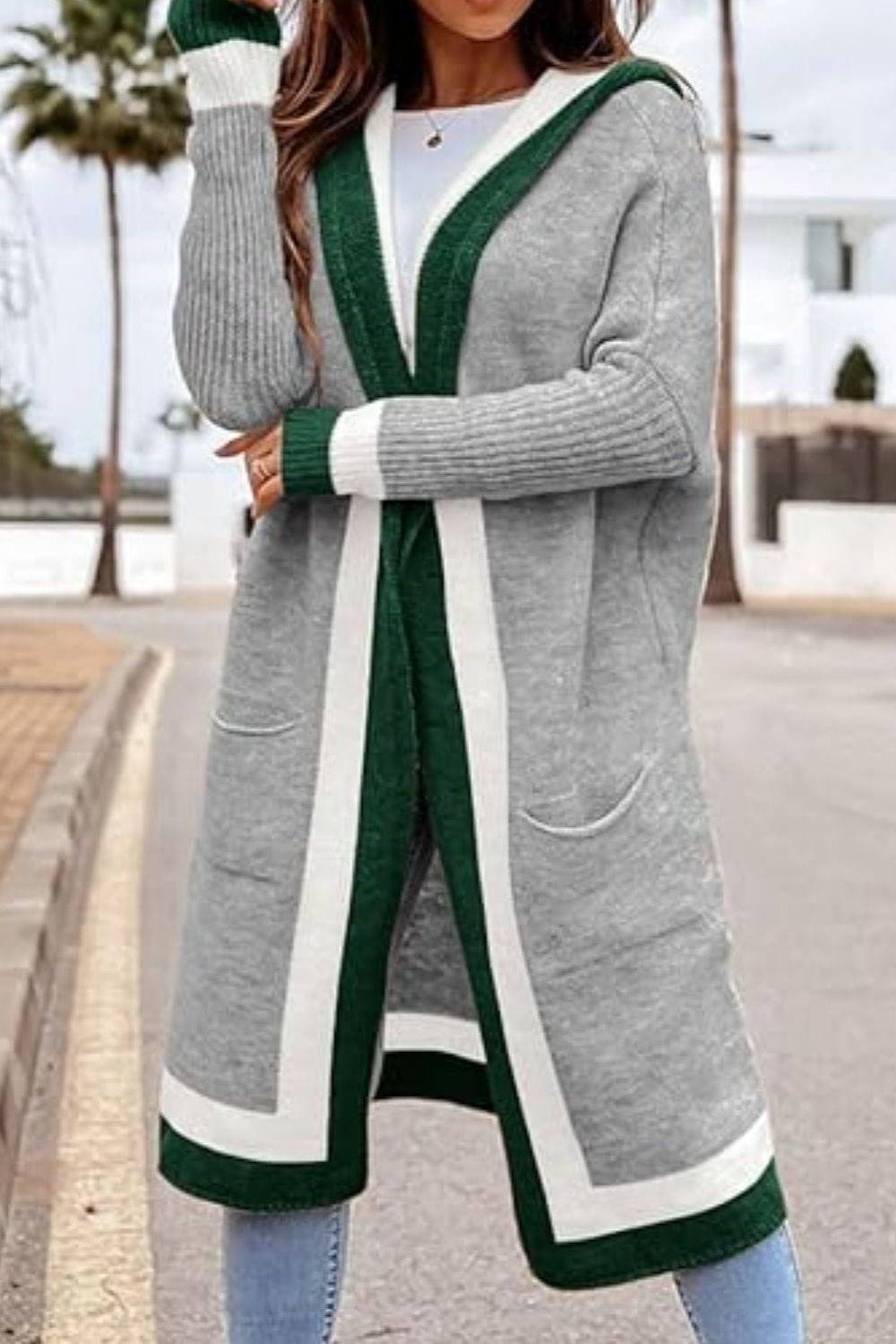 Pocketed Contrast Long Sleeve Hooded Cardigan - ClassiQ