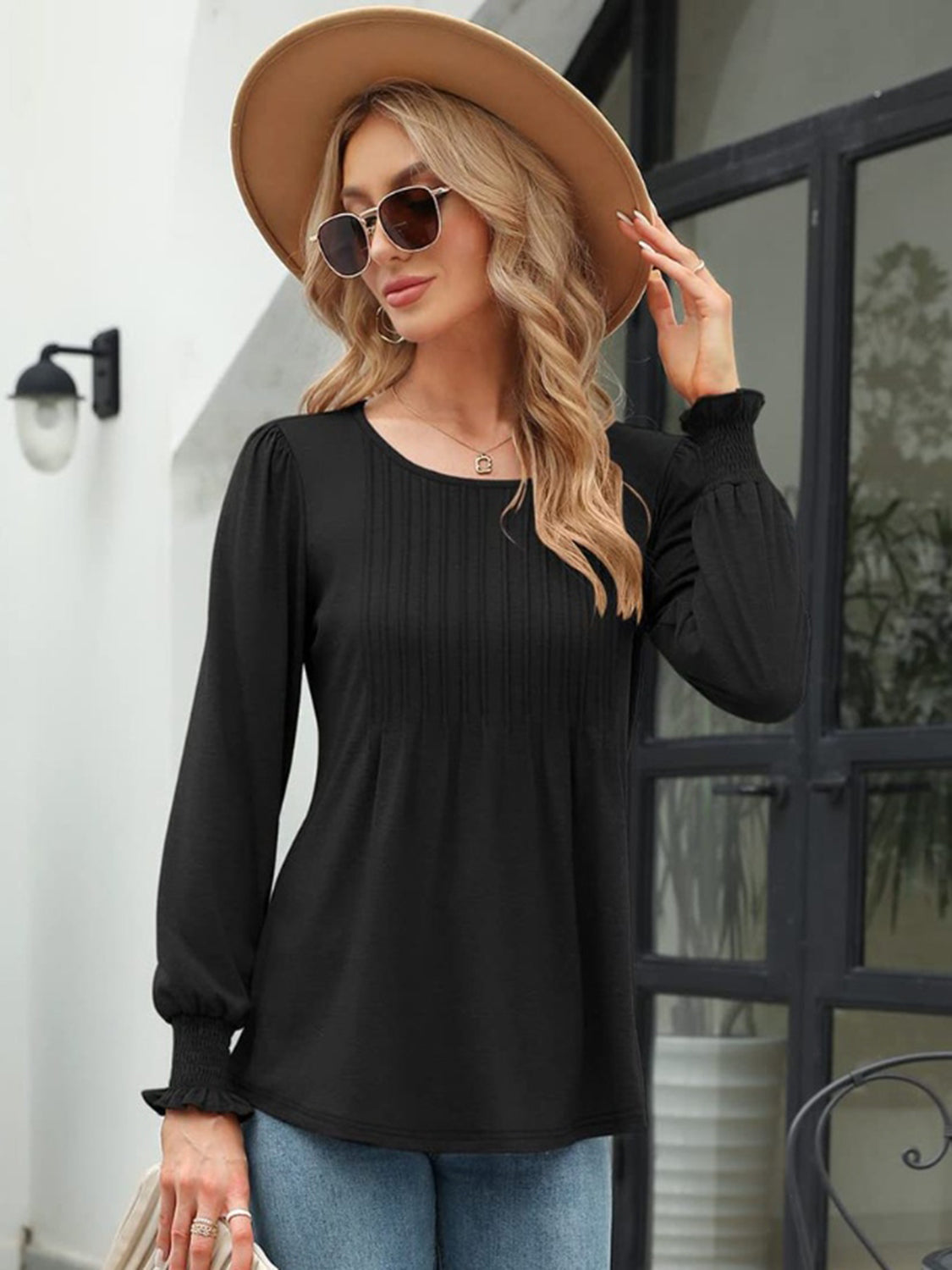 Smocked Round Neck Lantern Sleeve Blouse - Classique Collection