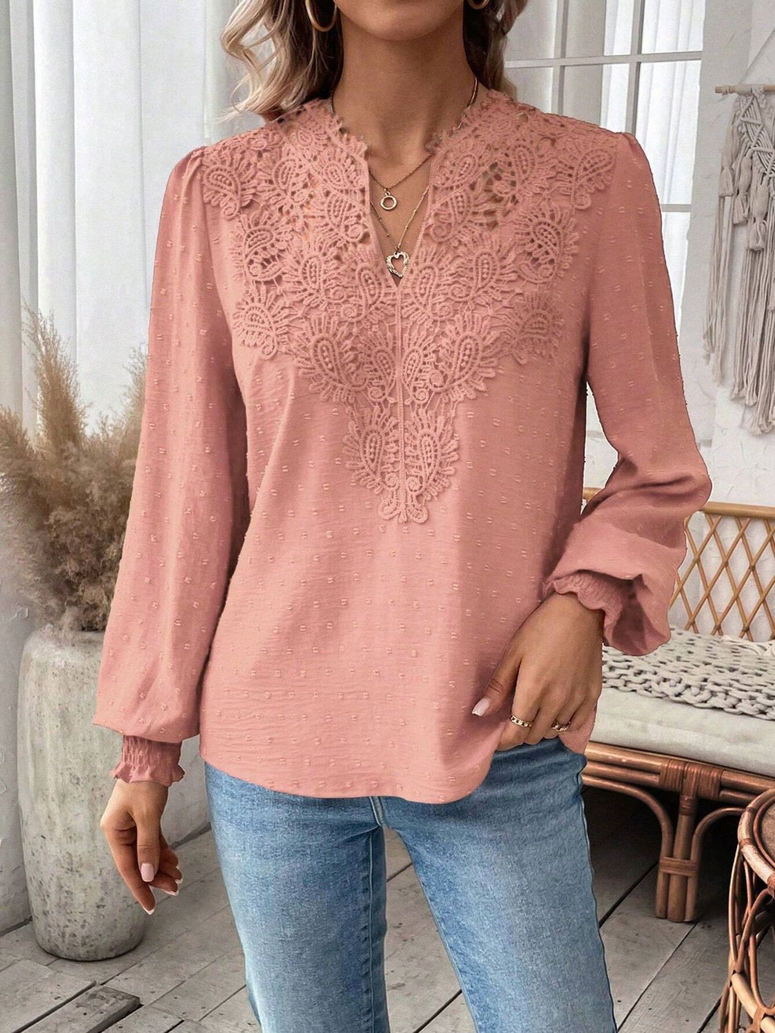 Swiss Dot Lace Detail Notched Long Sleeve Blouse - Classique Collection