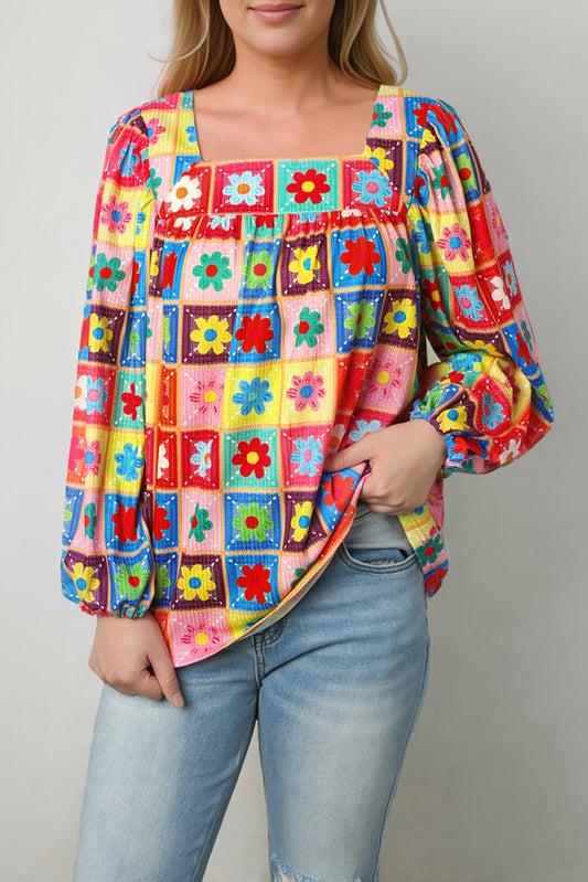 Printed Square Neck Balloon Sleeve Top - Classique Collection