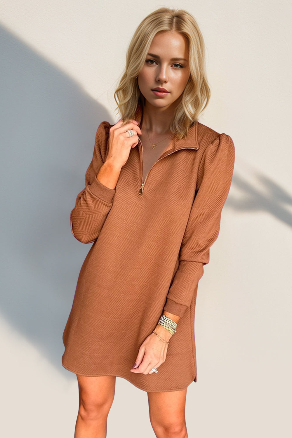 Double Take Textured Quarter Zip Long Sleeve Dress - Classique Collection