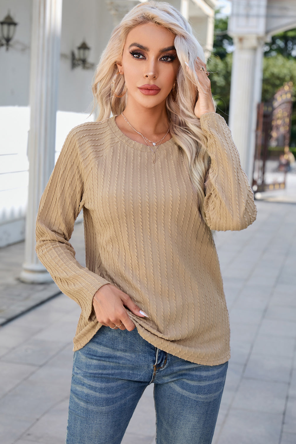 Round Neck Raglan Sleeve Ribbed Blouse - Classique Collection
