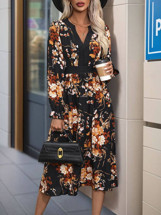 Perfee Printed Notched Long Sleeve Midi Dress - Classique Collection