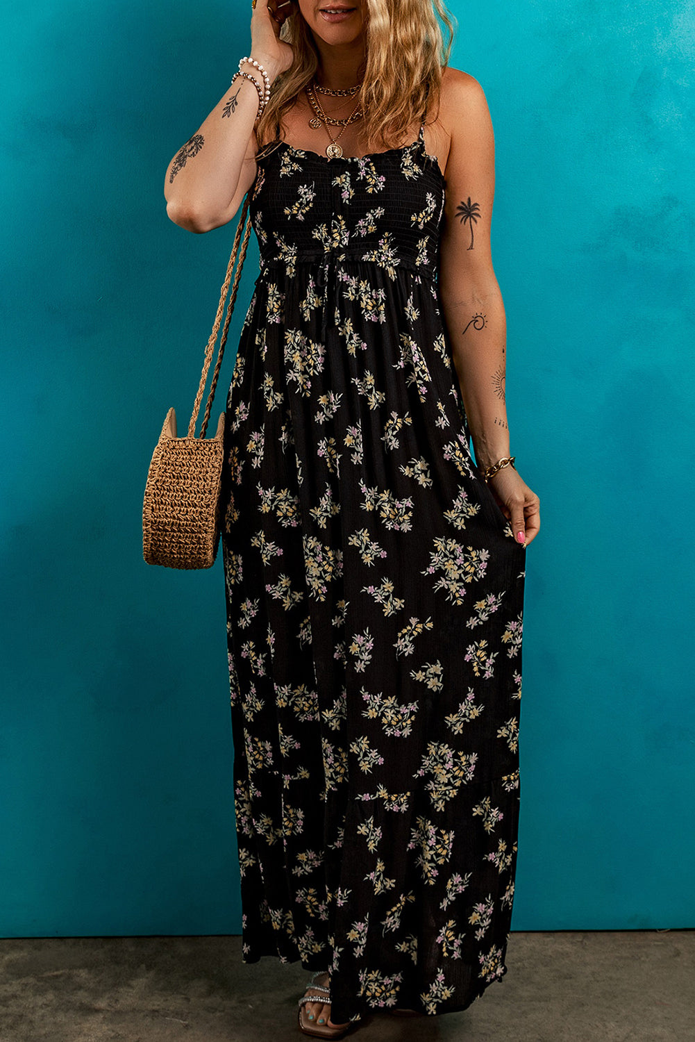 Black Floral Spaghetti Strap Shirred Bodice Tied Empire Waist Maxi Dress ClassiQ