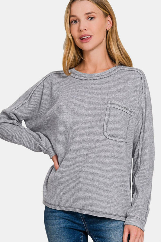 Zenana Full Size Contrast Stitching Brushed Ribbed Hacci Knit Top - Classique Collection