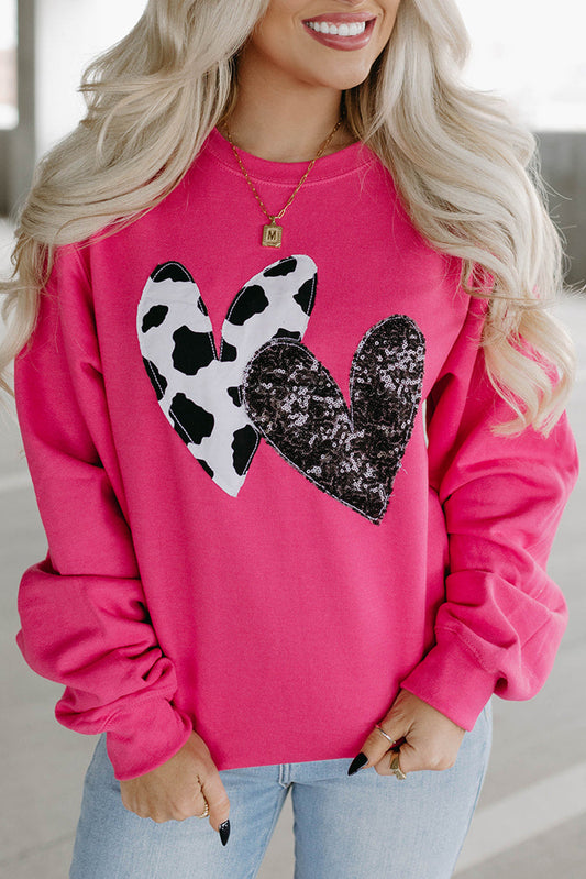 Strawberry Pink Sequins Heart Patch Graphic Sweatshirt - ClassiQ