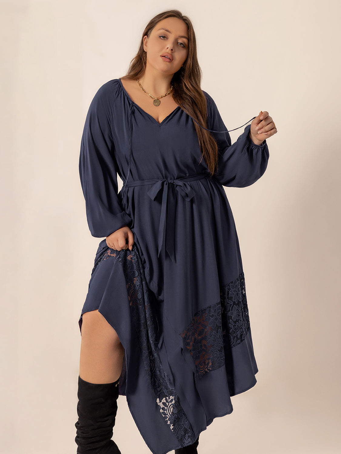 Plus Size Lace Detail Tie Neck Long Sleeve Midi Dress - Classique Collection