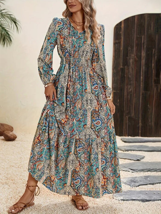 Printed Tie Neck Long Sleeve Maxi Dress - Classique Collection