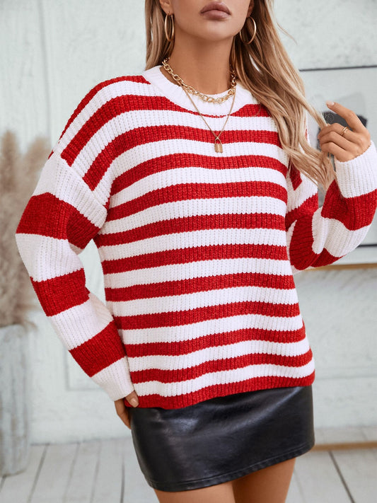 Striped Round Neck Long Sleeve Sweater - ClassiQ