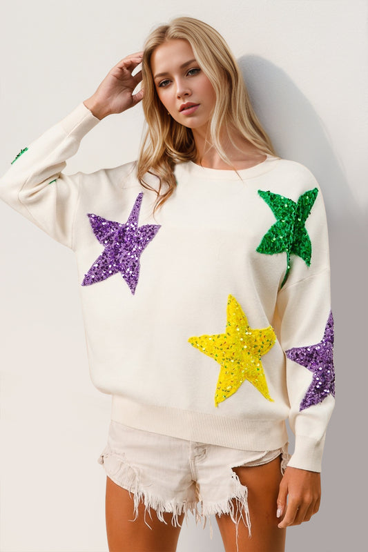 Double Take Sequin Star Round Neck Dropped Shoulder Sweater - ClassiQ