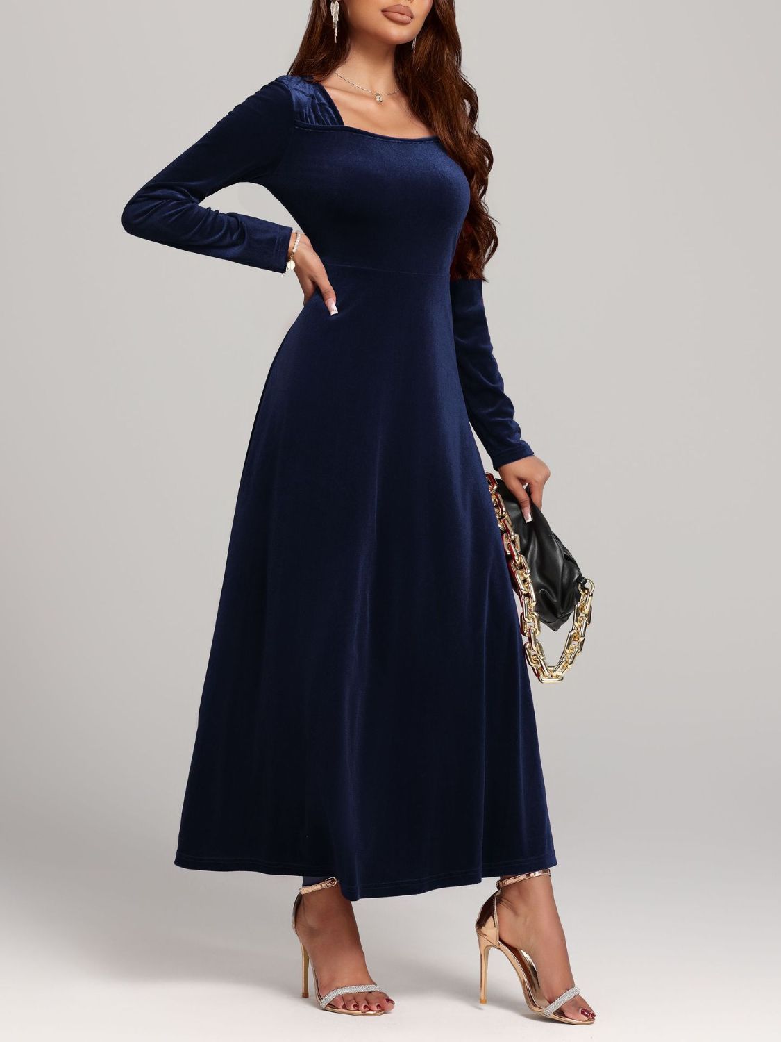 Square Neck Long Sleeve Velvet Dress - Classique Collection