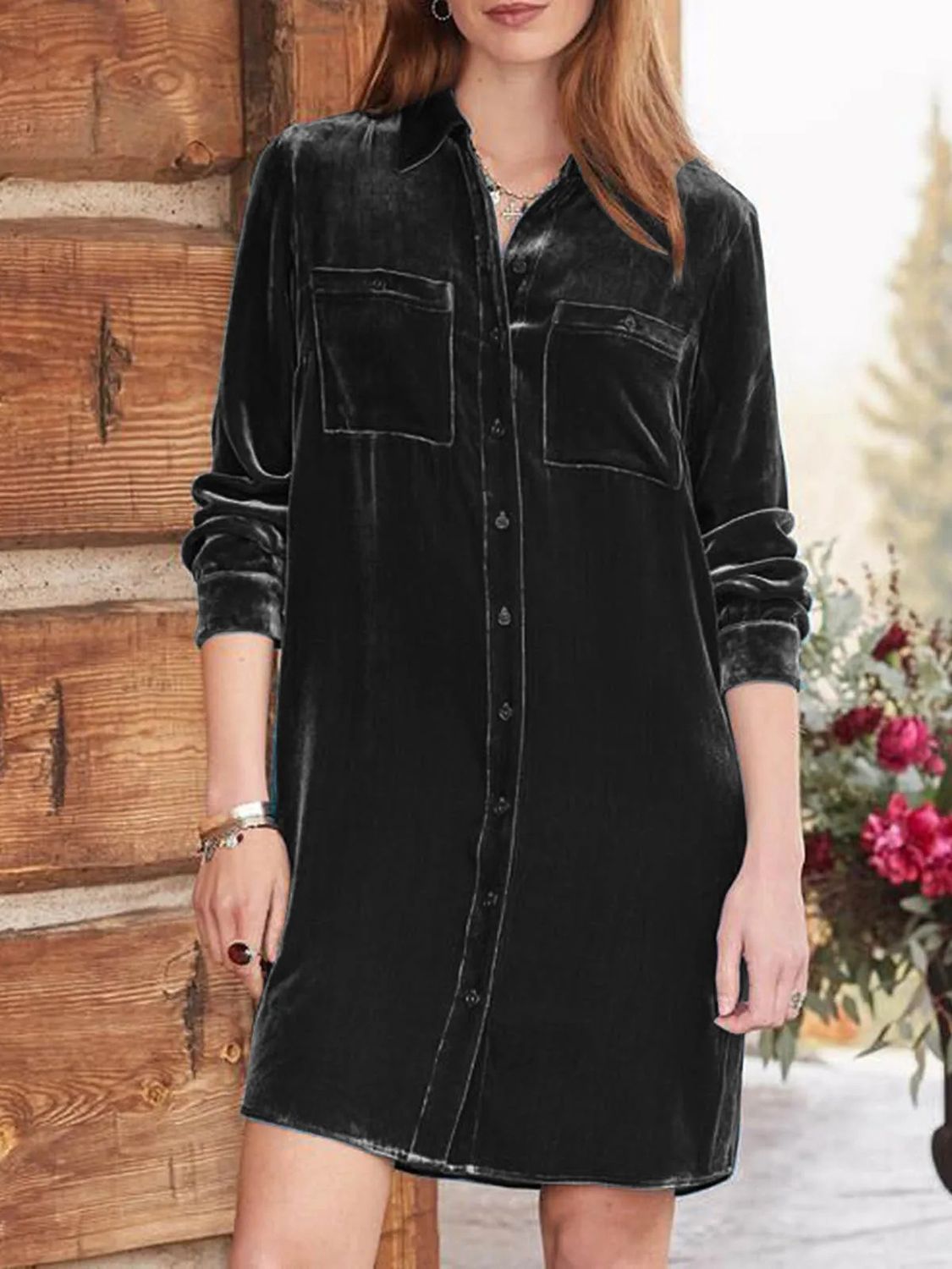 High-Low Button Up Long Sleeve Knee Length Dress - Classique Collection