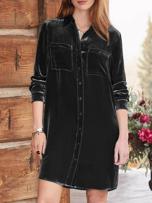 High-Low Button Up Long Sleeve Knee Length Dress - Classique Collection