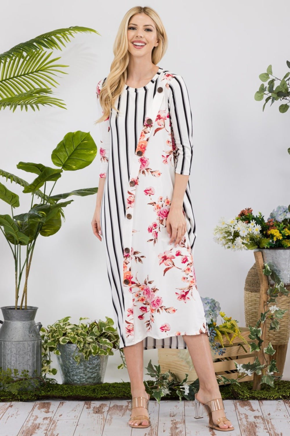 Celeste Full Size Floral Striped Contrast Midi-Dress with Pockets - Classique Collection