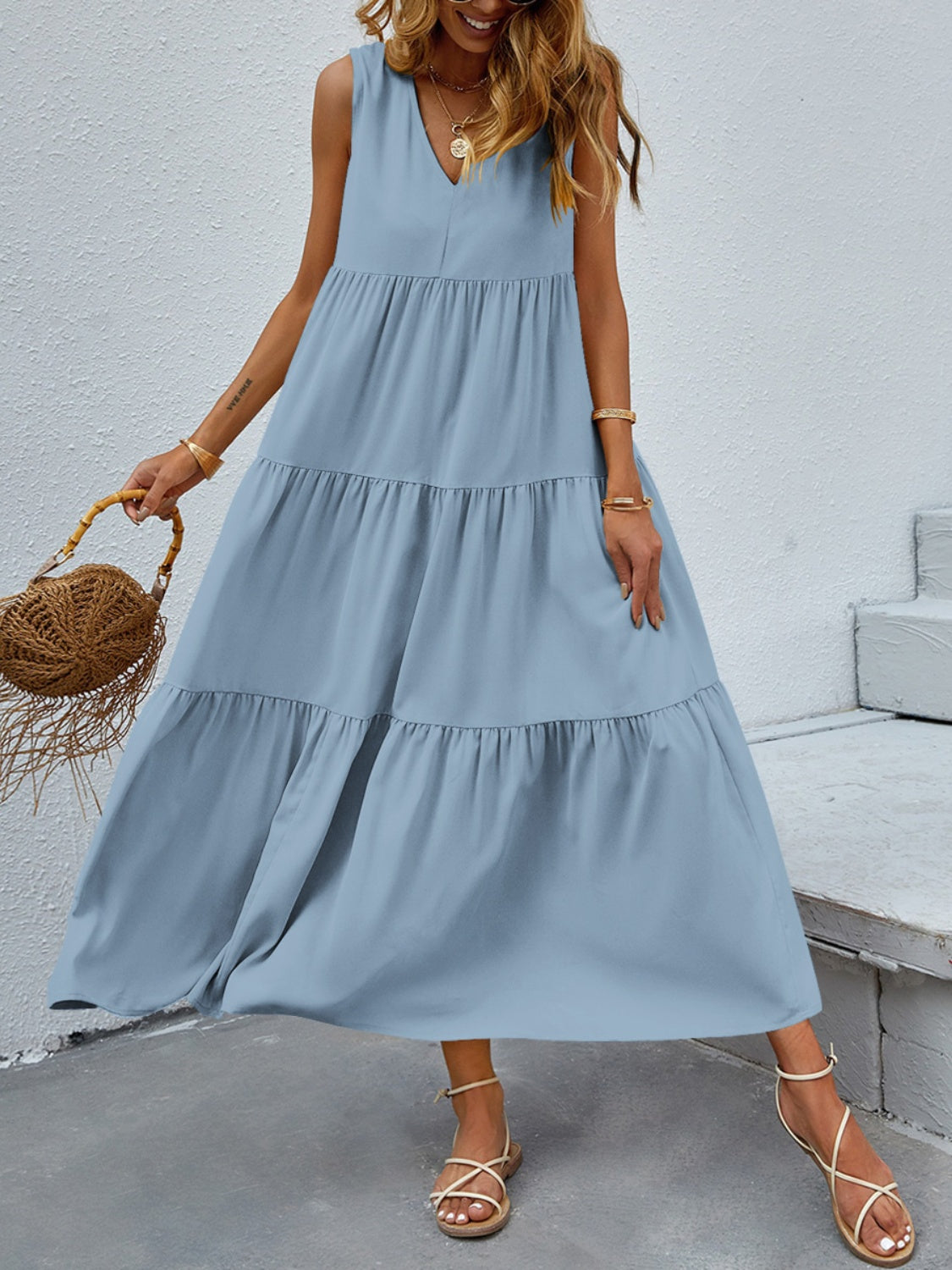 FAM-FAM Tiered V-Neck Sleeveless Dress - Classique Collection