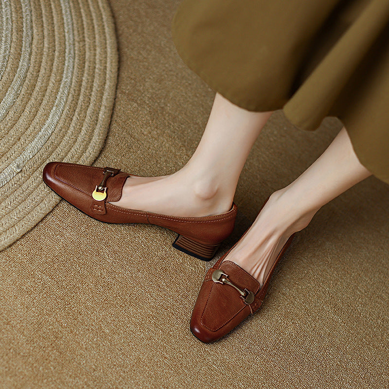 Spring And Autumn New Retro Square Toe Leather Shoes For Women ClassiQ