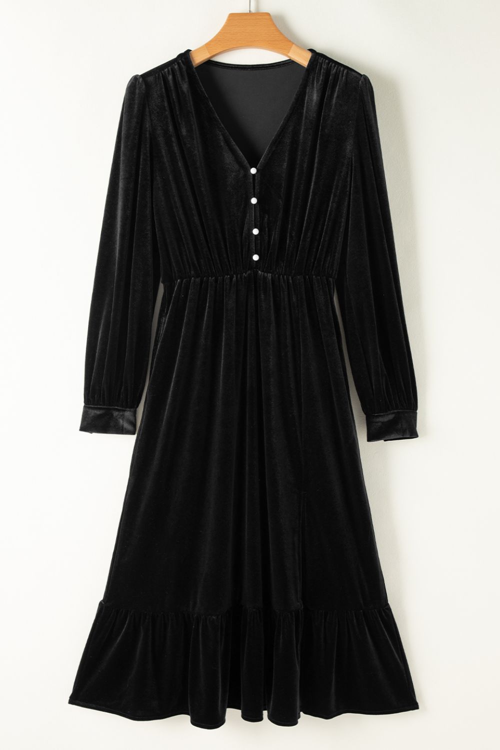 Ruffle Hem Slit V-Neck Long Sleeve Dress - Classique Collection