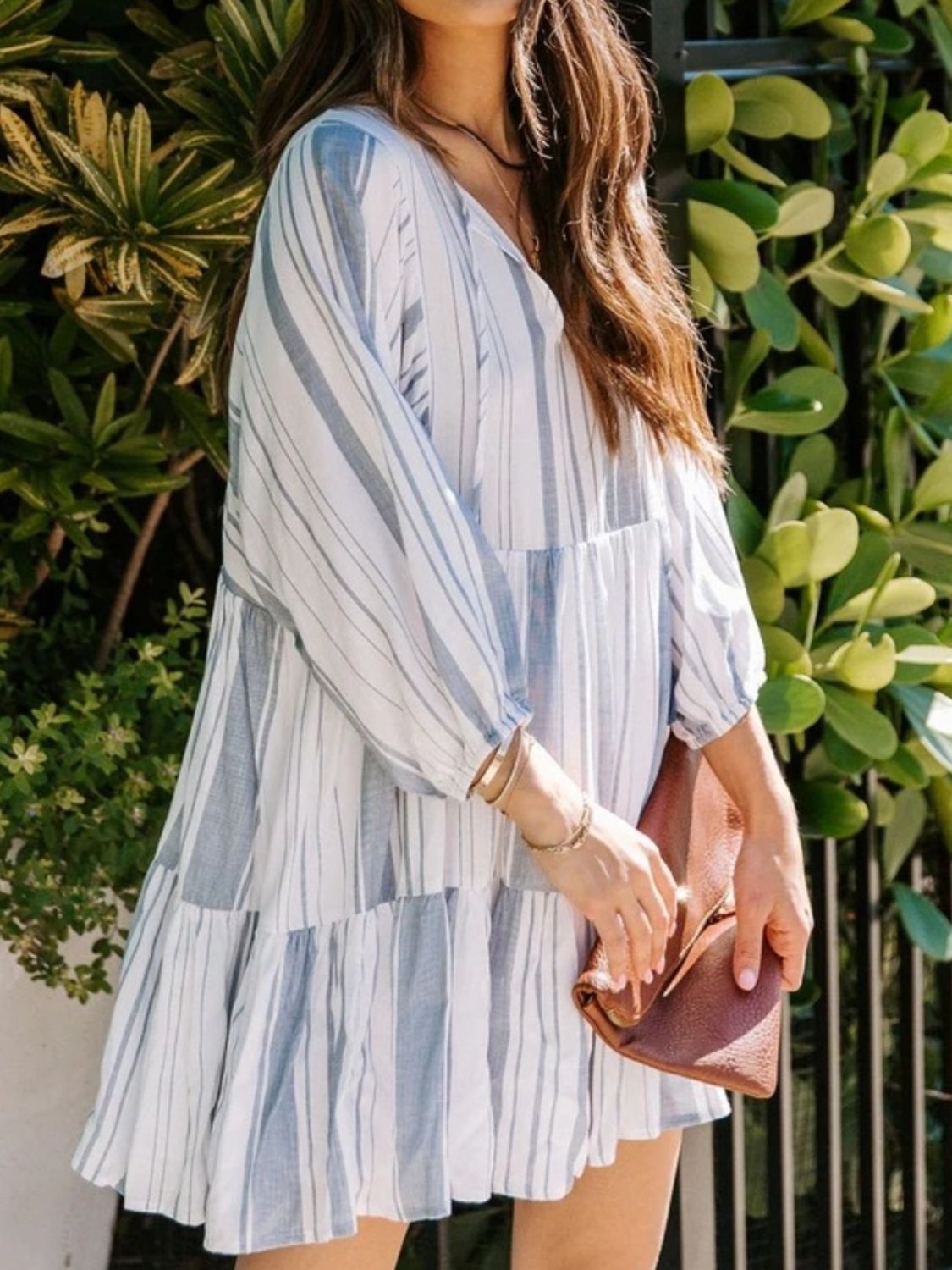 Tassel Striped Tie Neck Batwing Sleeve Dress - Classique Collection