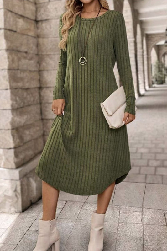 Ribbed Curved Hem Round Neck Long Sleeve Dress - Classique Collection