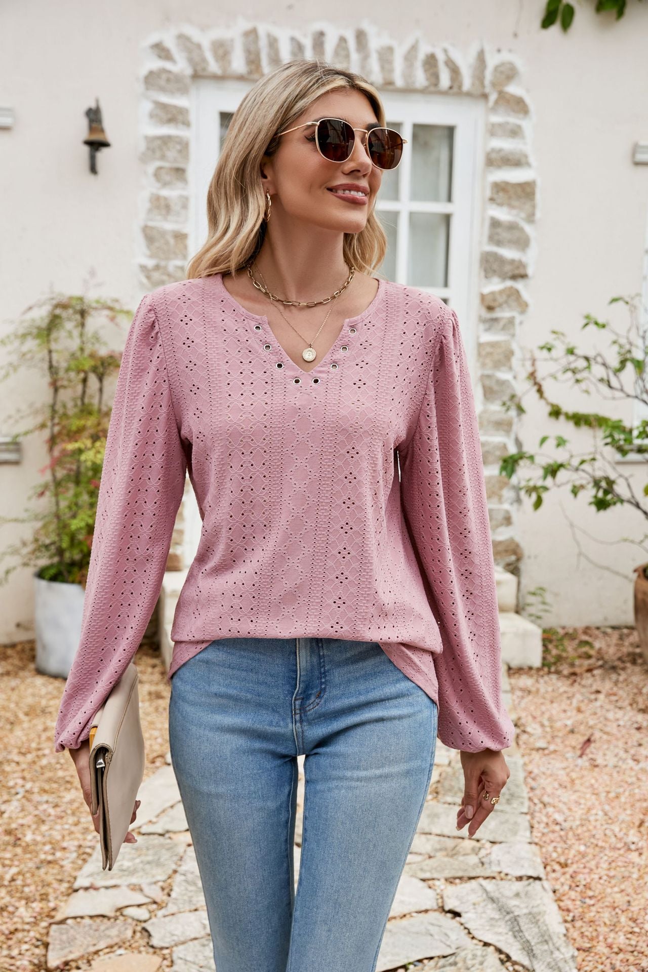 Eyelet Notched Neck Balloon Sleeve Blouse - Classique Collection