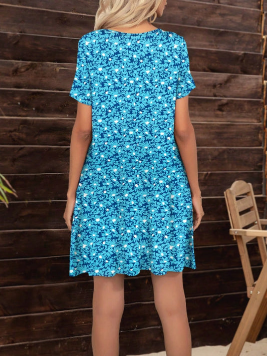 Pocketed Printed Round Neck Short Sleeve Mini Dress - Classique Collection