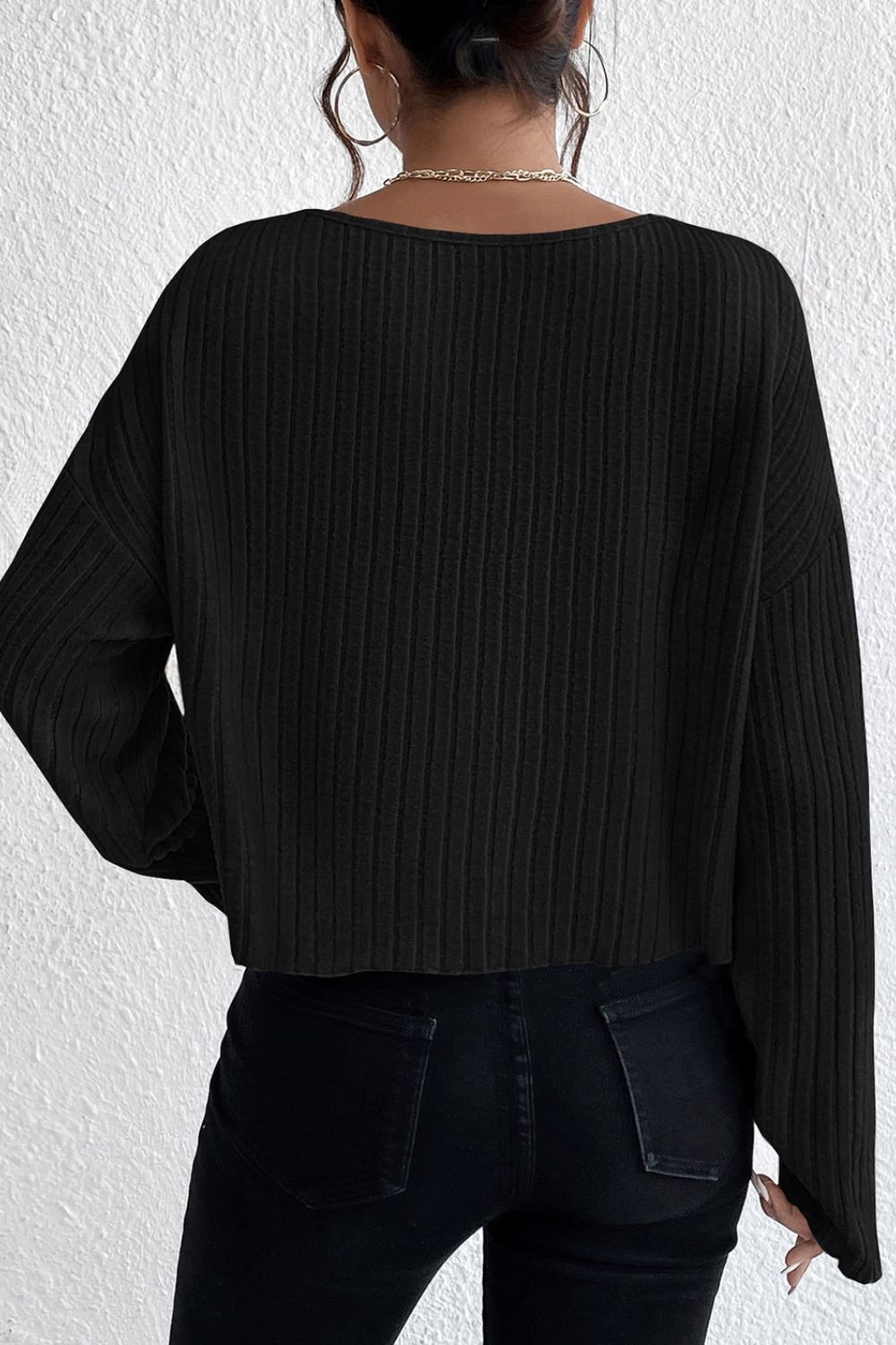 Ribbed Round Neck Drop Shoulder Long Sleeve Top - Classique Collection