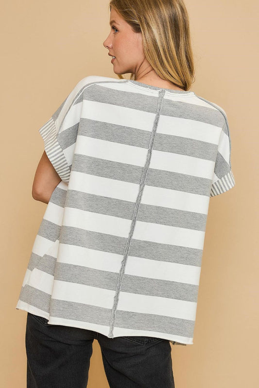 Umgee Peace Sign Patch Striped French Terry T-Shirt - Classique Collection
