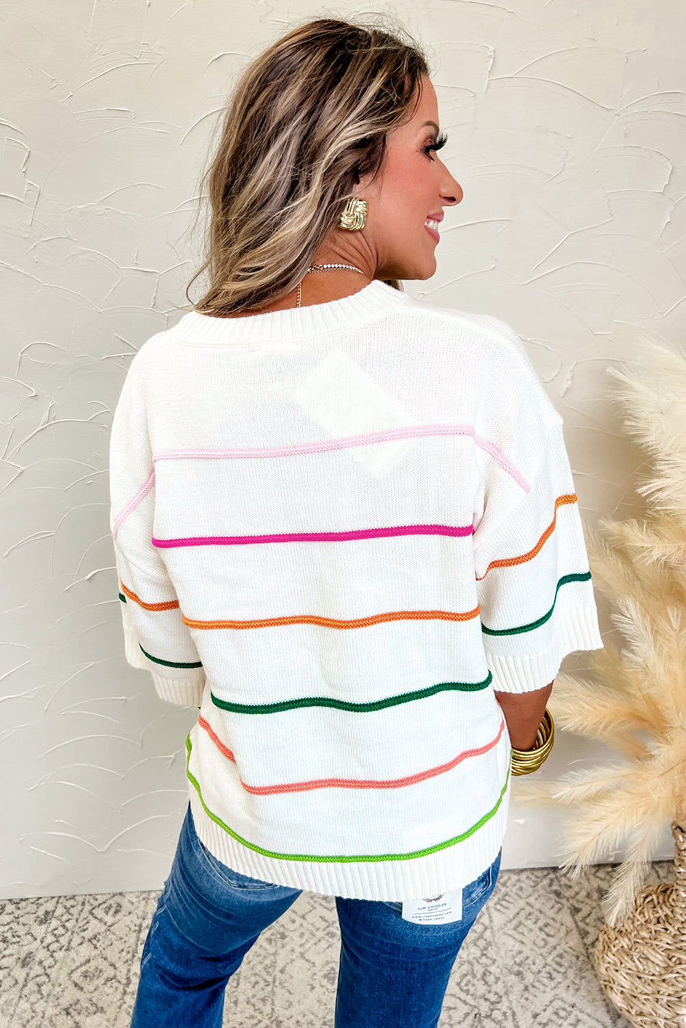 Striped Half Sleeve Drop Shoulder Sweater - Classique Collection