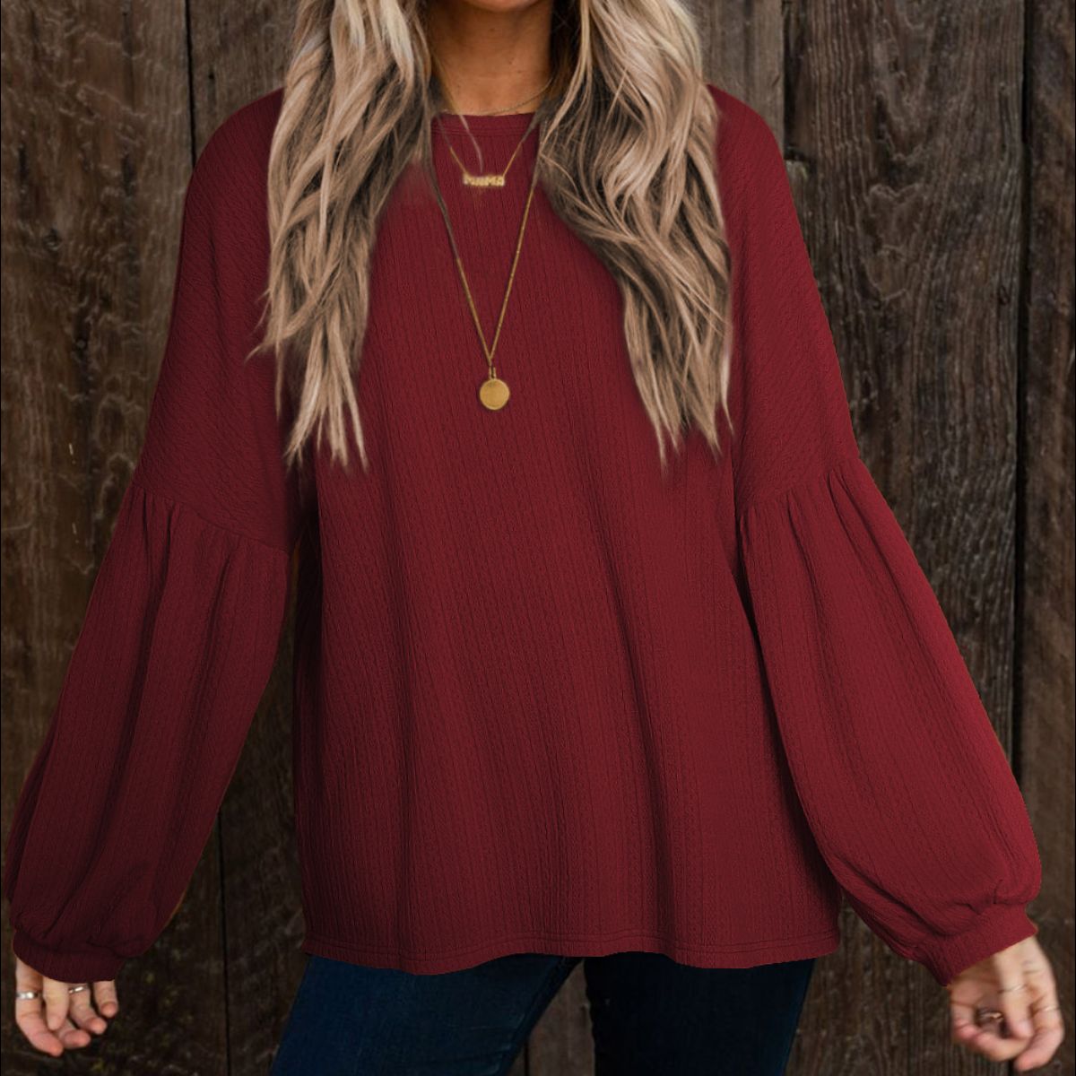 Round Neck Long Sleeve Ruched Blouse - Classique Collection