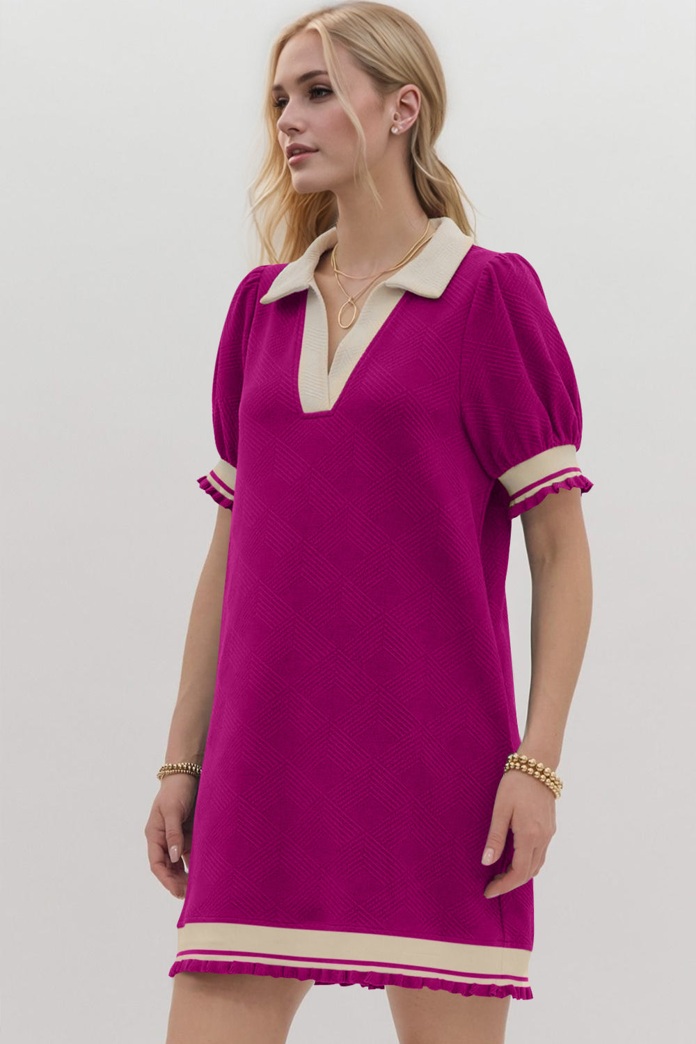 Oh Frill Contrast Trim Johnny Collar Short Sleeve Mini Dress - Classique Collection
