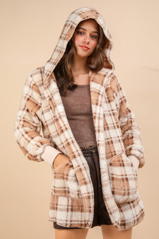 VERY J Fuzzy Plaid Long Sleeve Hooded Jacket - Classique Collection