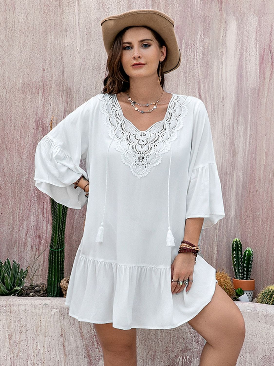 Plus Size Lace Detail Tie Neck Three-Quarter Sleeve Mini Dress - Classique Collection