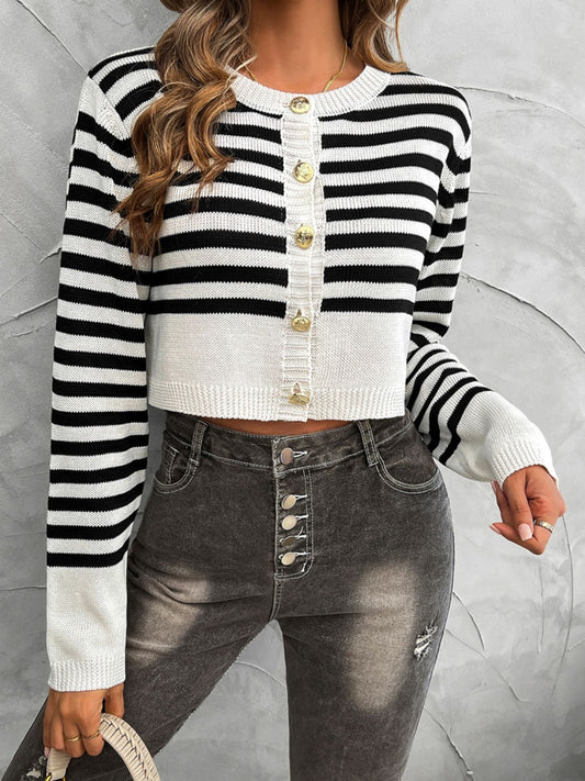 Devine Striped Round Neck Button Down Cardigan - Classique Collection