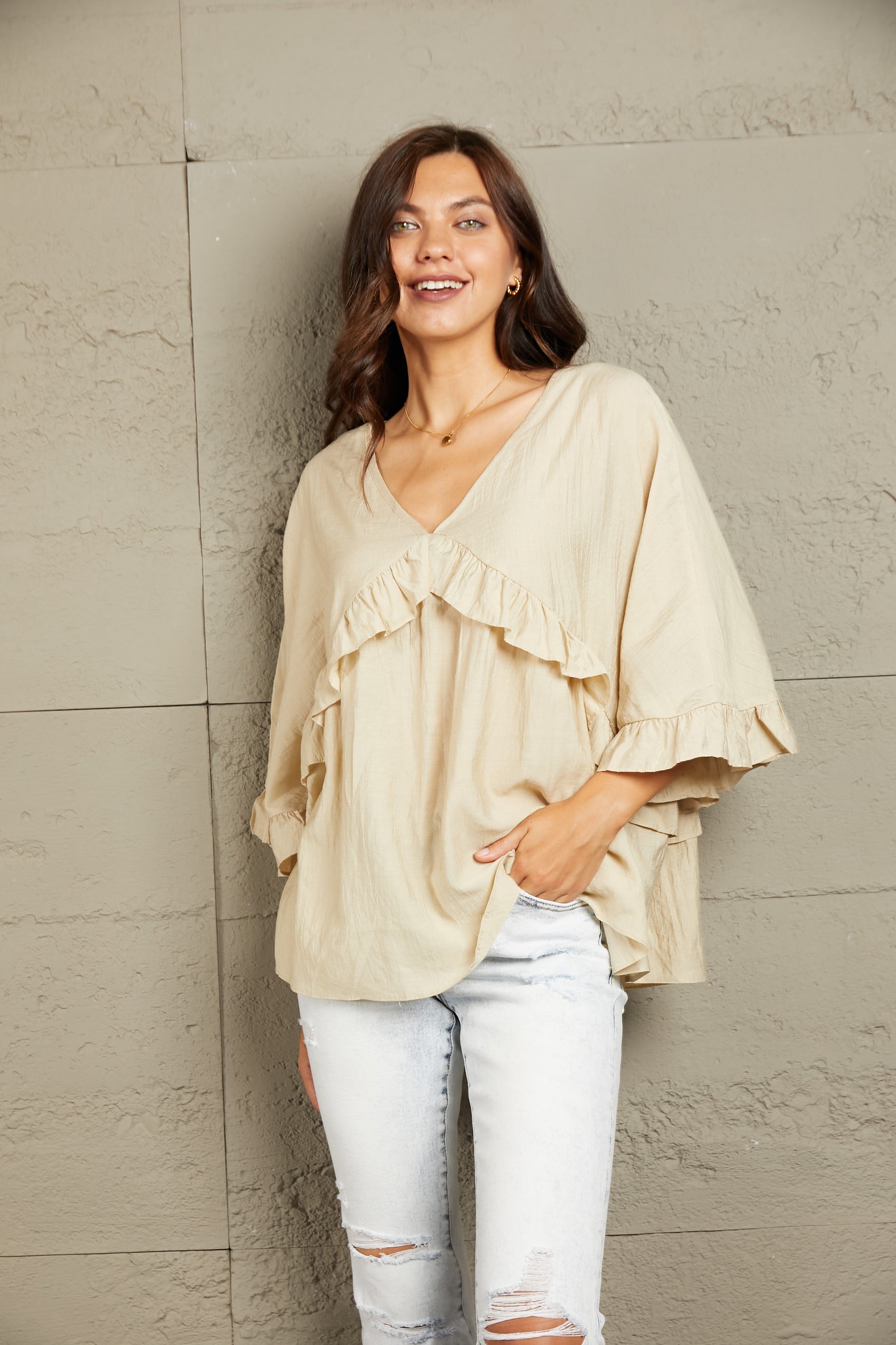 Ruffled V-Neck Half Sleeve Blouse - Classique Collection