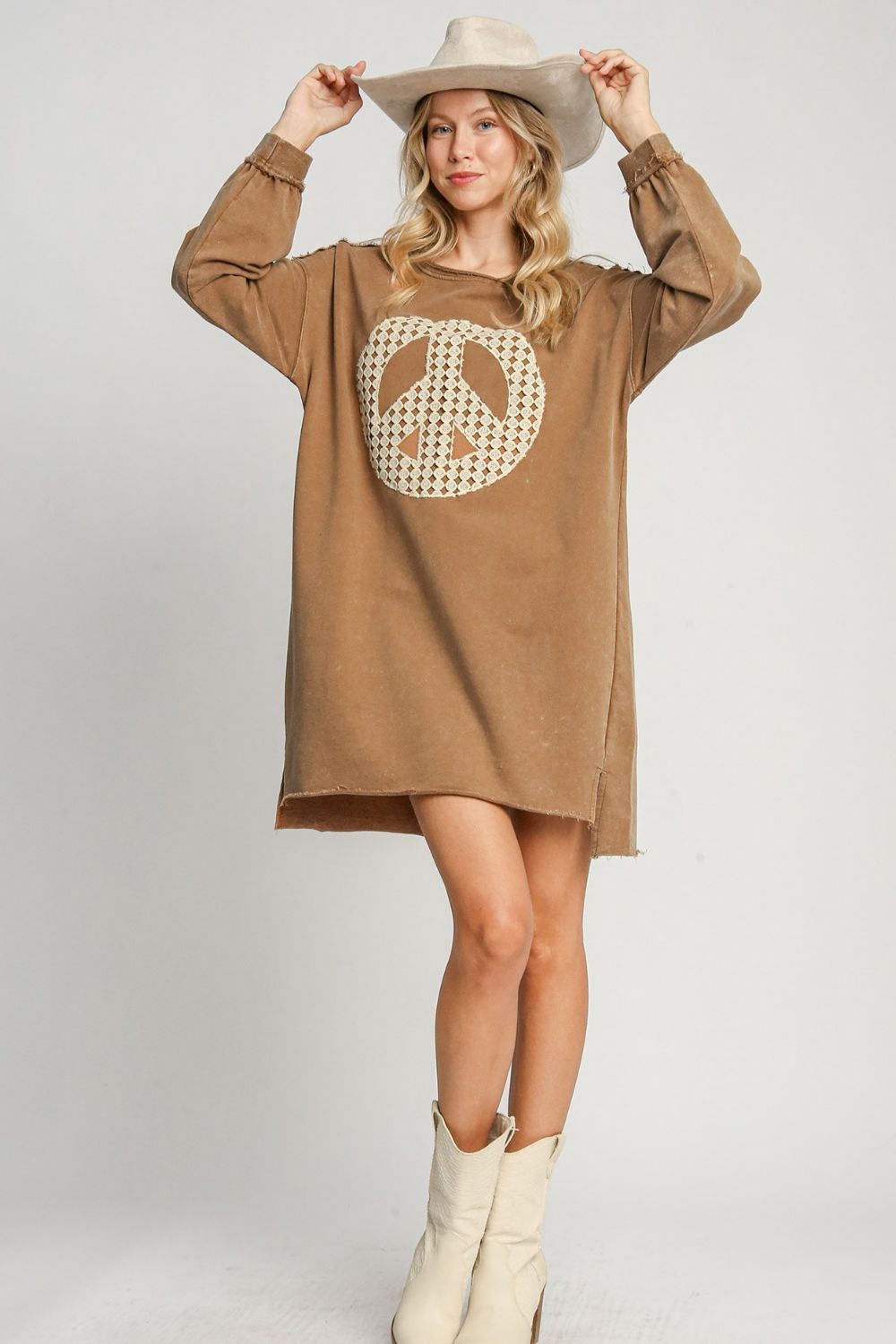 Umgee Peace Lace Applique Frayed Hem French Terry Mini Dress - Classique Collection