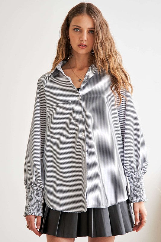 ADORA High-Low Striped Button Down Smocked Lantern Sleeve Shirt - ClassiQ
