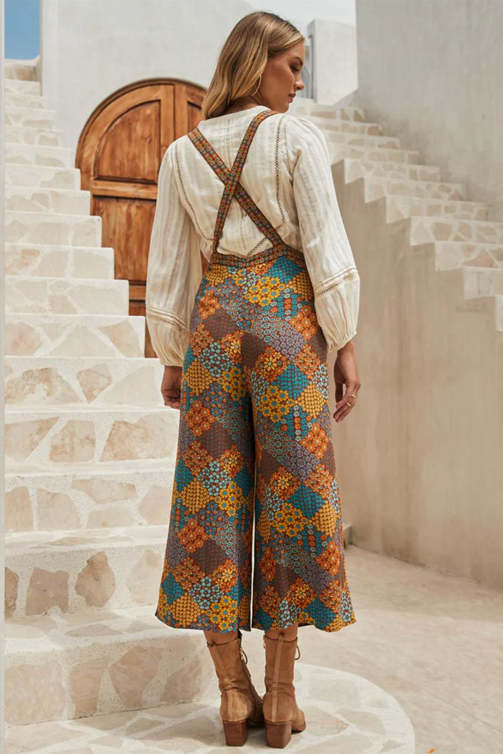 Floral Crisscross Strap Wide Leg Overalls - ClassiQ